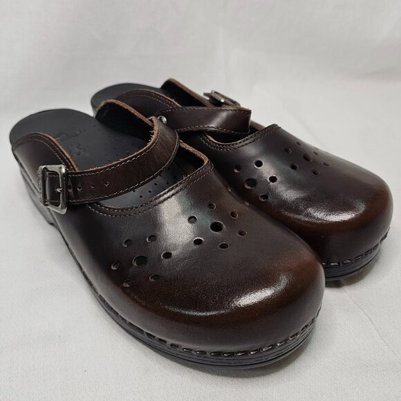 Dansko Merrie Brown Leather Laser Cut Comfort Clogs Mules Women's Size 41 - Picture 1 of 12
